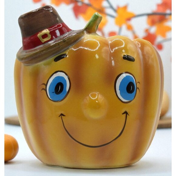 Vintage Anthropomorphic Pumpkin Planter Vase Ceramic Halloween Thanksgiving Taiw - Picture 1 of 10